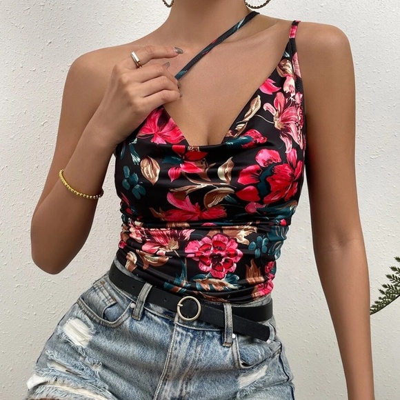 Boho Floral Print One Shoulder Cami Tank Top - Picture 12 of 13